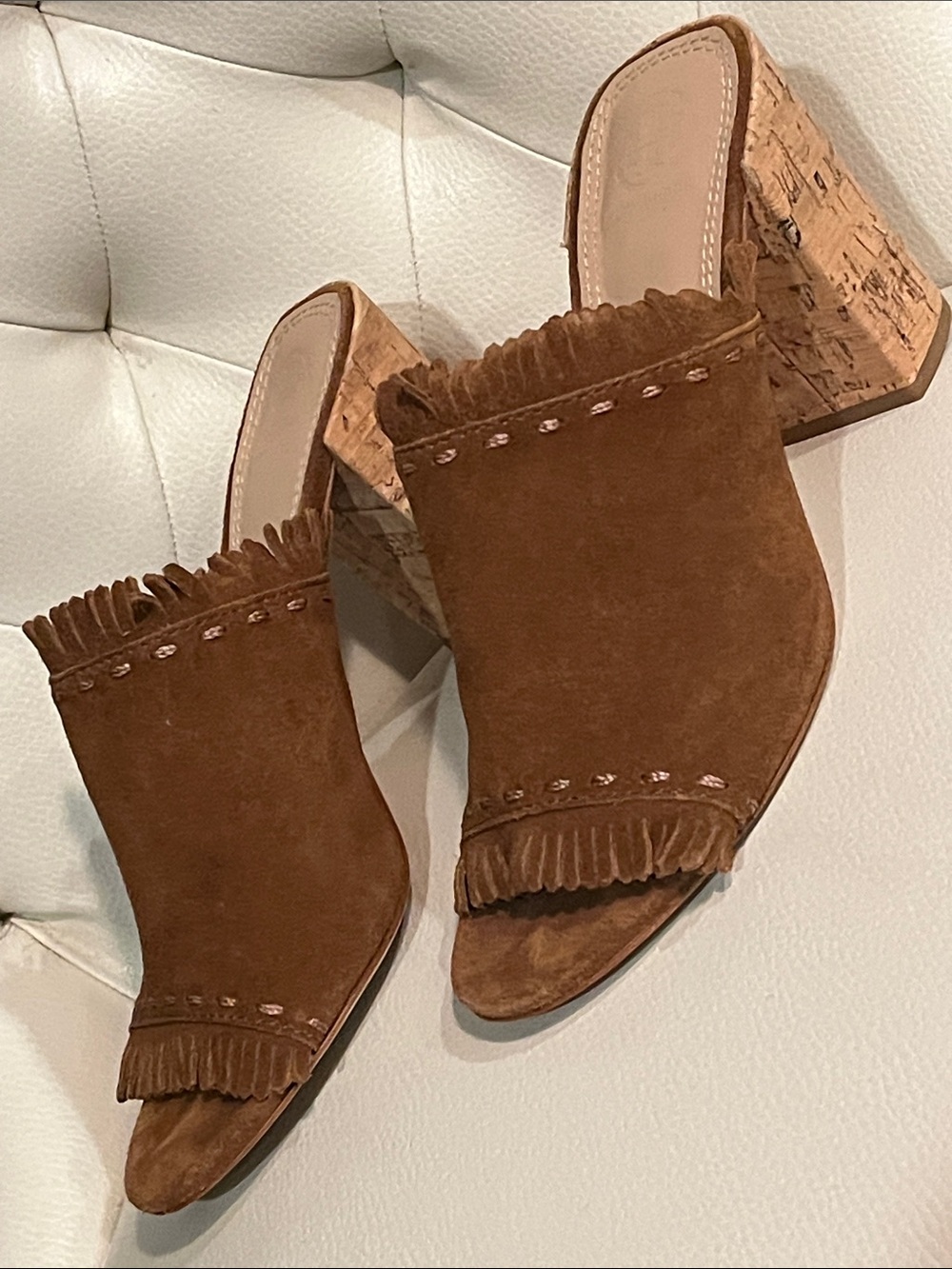 Tory Burch Brown Suede Fringe Cork Heel Mules